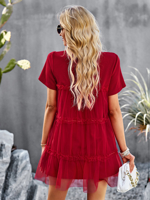 Einfarbiges Mesh-Splice-Kleid für Damen – Rundhalsausschnitt, romantischer Frühlingsstil
