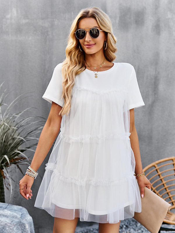 Einfarbiges Mesh-Splice-Kleid für Damen – Rundhalsausschnitt, romantischer Frühlingsstil