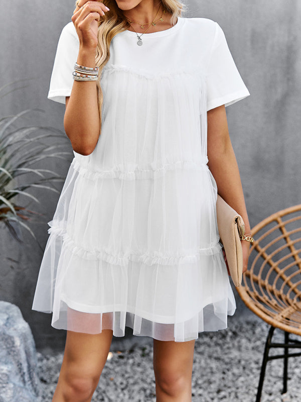 Einfarbiges Mesh-Splice-Kleid für Damen – Rundhalsausschnitt, romantischer Frühlingsstil