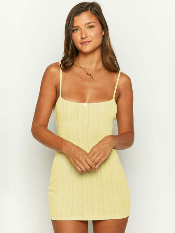 Solid Color Bow Suspender Dress Pajamas – Cute Knit Lounge Dress