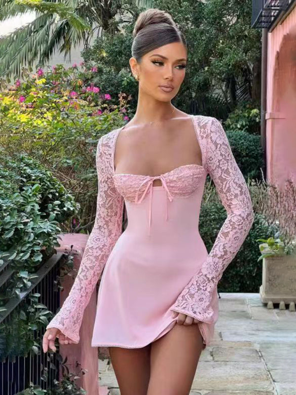 Lace Backless Slim Fit French Long Sleeve Dress – Sexy Spring Look