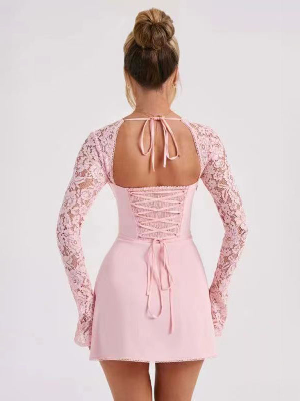 Lace Backless Slim Fit French Long Sleeve Dress – Sexy Spring Look