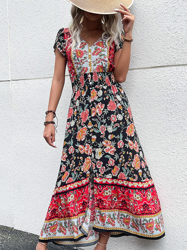 Boho V-Neck Floral Slit Maxi Dress – Rayon Lightweight Vacation Look