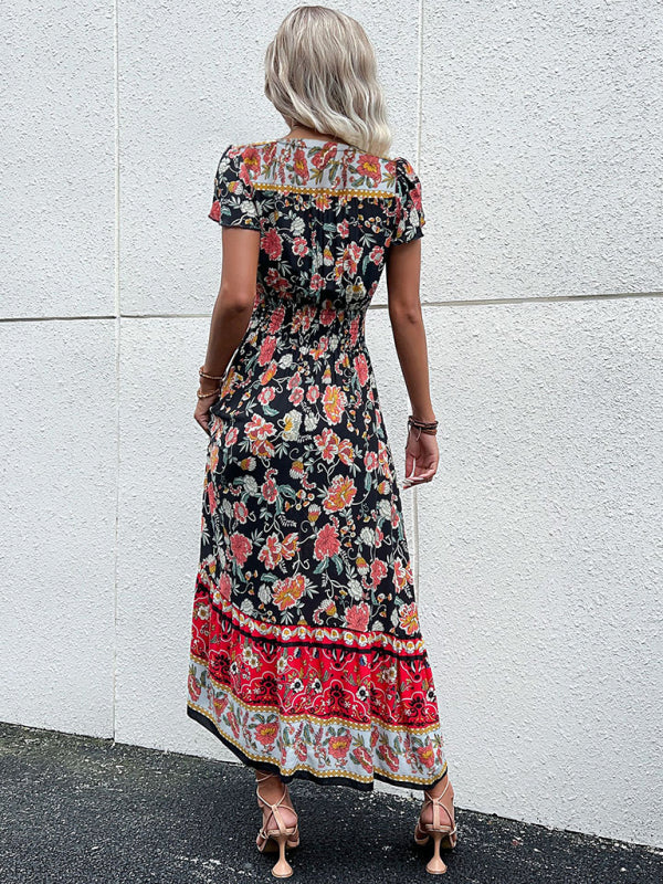 Boho V-Neck Floral Slit Maxi Dress – Rayon Lightweight Vacation Look