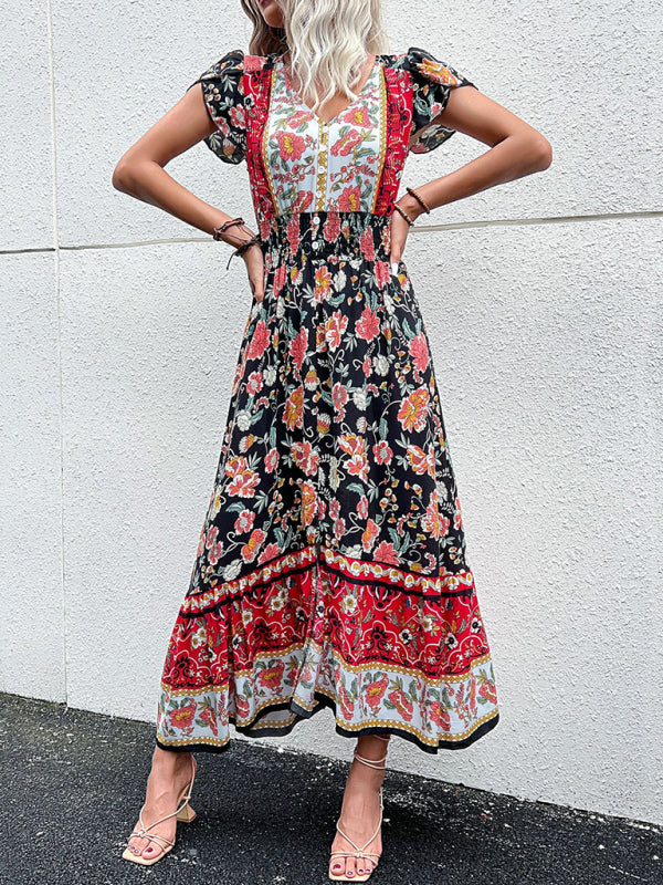 Boho V-Neck Floral Slit Maxi Dress – Rayon Lightweight Vacation Look