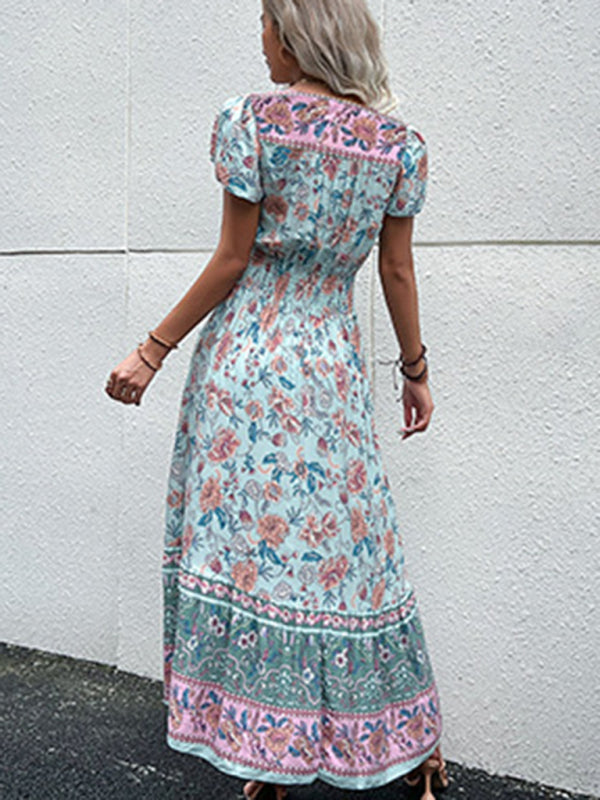 Boho V-Neck Floral Slit Maxi Dress – Rayon Lightweight Vacation Look