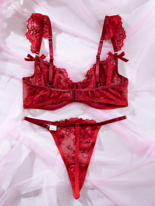 Lace Ruffle Sleeve Bow Lingerie Set – Sexy Two-Piece with Moderate Stretch