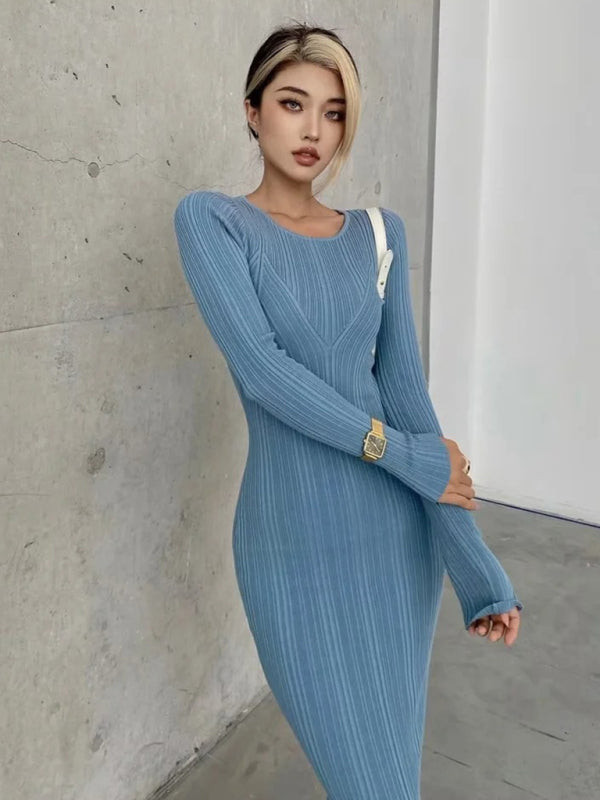 Slim Fit Knitted Long Sleeve Midi Dress – Hip-Covering, Four-Season Style
