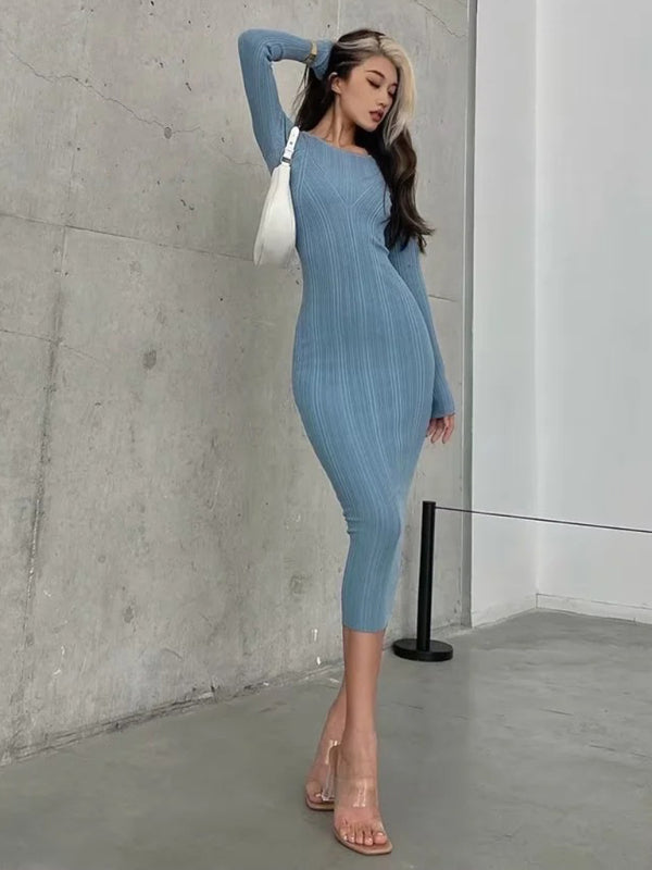 Slim Fit Knitted Long Sleeve Midi Dress – Hip-Covering, Four-Season Style