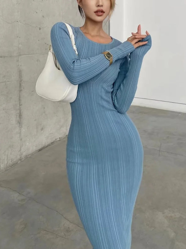 Slim Fit Knitted Long Sleeve Midi Dress – Hip-Covering, Four-Season Style
