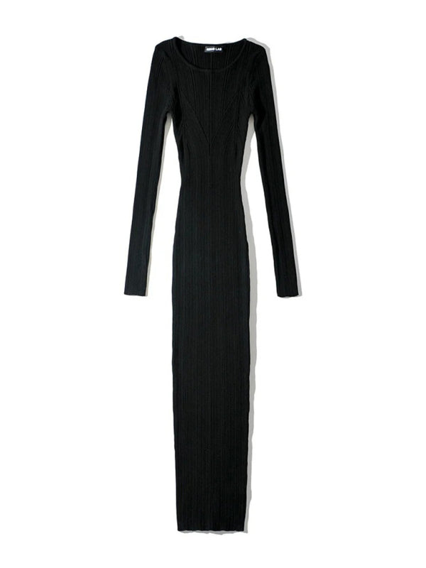 Slim Fit Knitted Long Sleeve Midi Dress – Hip-Covering, Four-Season Style