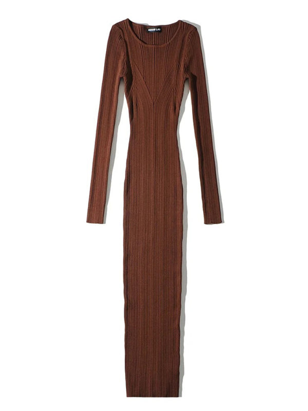 Slim Fit Knitted Long Sleeve Midi Dress – Hip-Covering, Four-Season Style