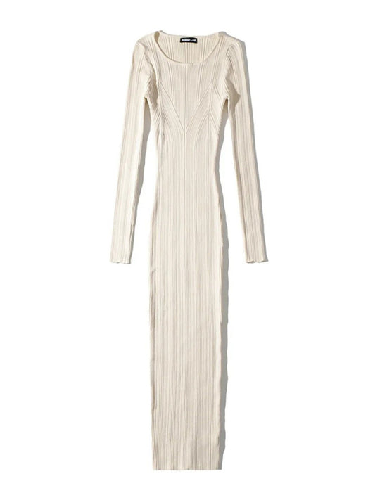 Slim Fit Knitted Long Sleeve Midi Dress – Hip-Covering, Four-Season Style
