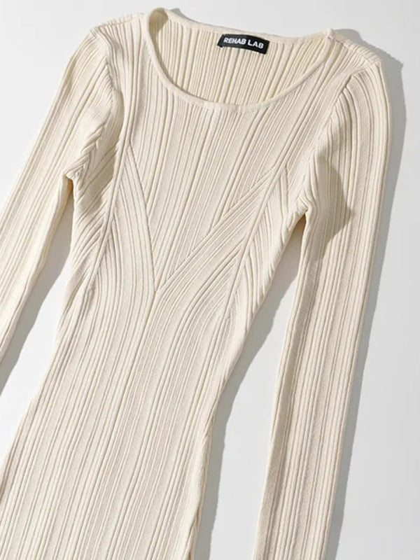 Slim Fit Knitted Long Sleeve Midi Dress – Hip-Covering, Four-Season Style