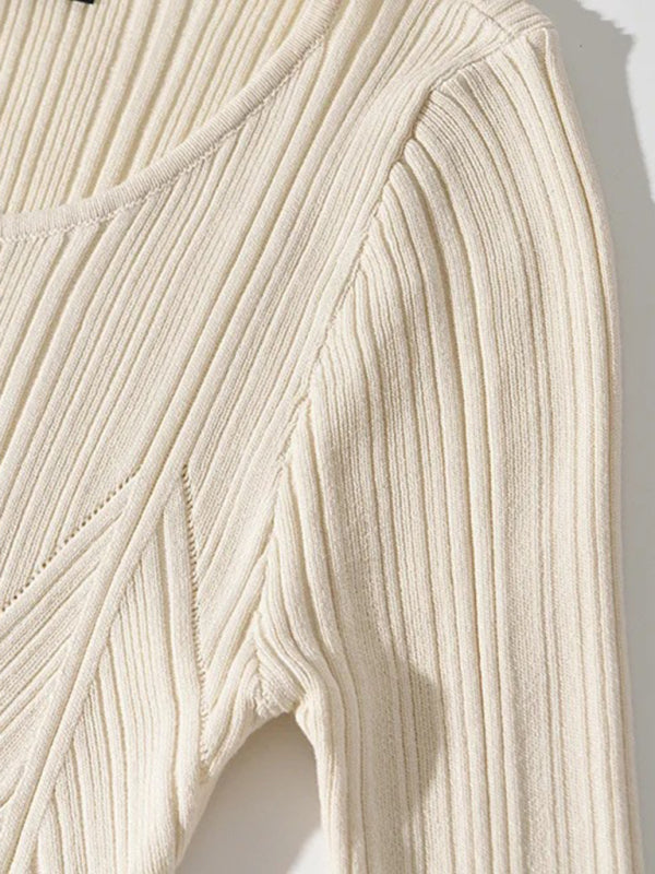 Slim Fit Knitted Long Sleeve Midi Dress – Hip-Covering, Four-Season Style