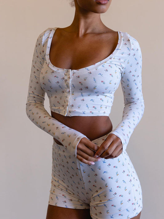 Printed Long Sleeve Lounge Set – Soft Spandex-Cotton Pajama Shorts & Top