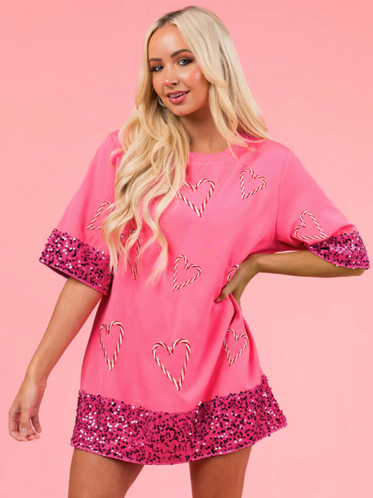 Sequin Heart Print Long T-Shirt – Valentine's Cute Knit Top in Pink
