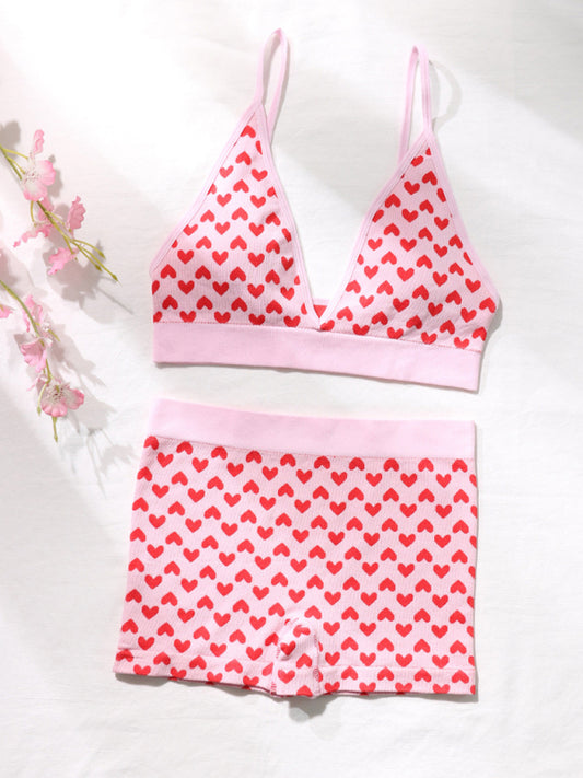 Valentine's Red Wireless Bra & Boxer Brief Lingerie Set – Heart Print, Nylon-Spandex