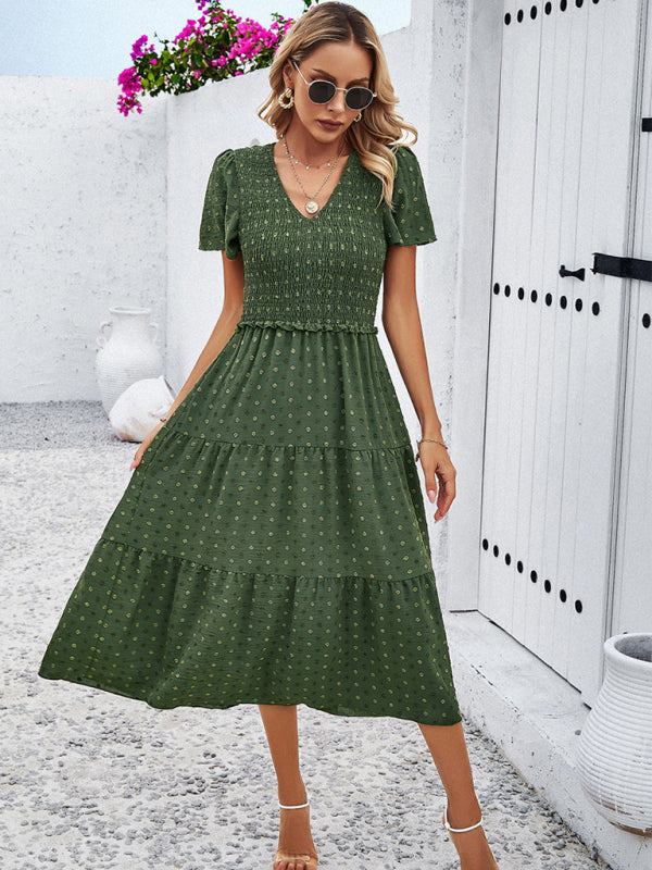 Polka Dot V-Neck Short Sleeve Dress – Lightweight & Flowy for Summer