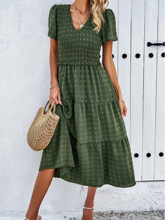 Polka Dot V-Neck Short Sleeve Dress – Lightweight & Flowy for Summer