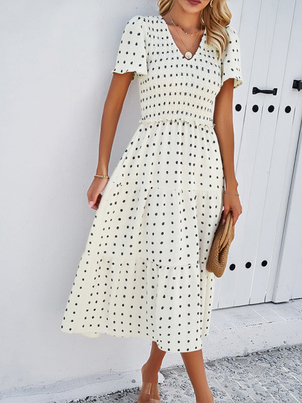 Polka Dot V-Neck Short Sleeve Dress – Lightweight & Flowy for Summer