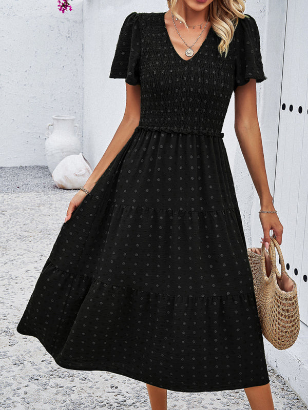 Polka Dot V-Neck Short Sleeve Dress – Lightweight & Flowy for Summer