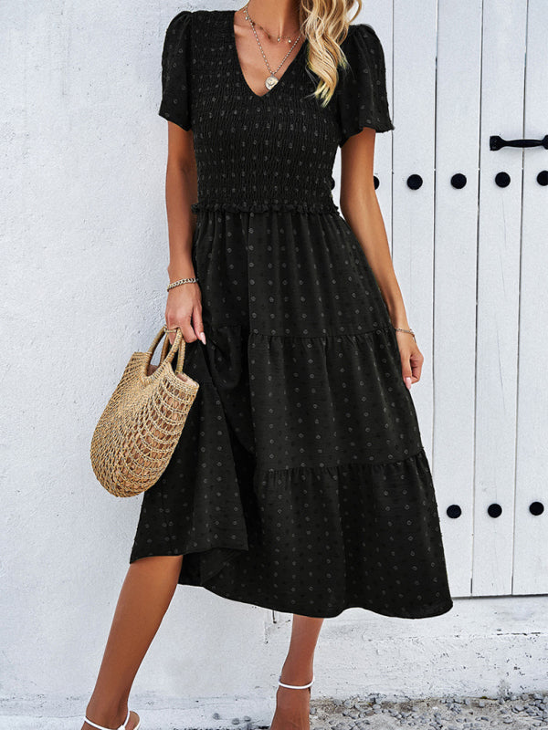 Polka Dot V-Neck Short Sleeve Dress – Lightweight & Flowy for Summer