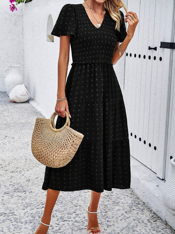 Polka Dot V-Neck Short Sleeve Dress – Lightweight & Flowy for Summer