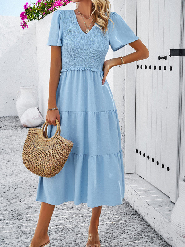 Polka Dot V-Neck Short Sleeve Dress – Lightweight & Flowy for Summer
