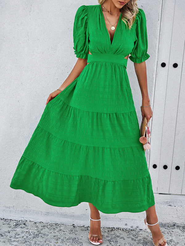 Backless V-Neck Waist Dress – Woven Midi with Subtle Stretch, Spring-Summer