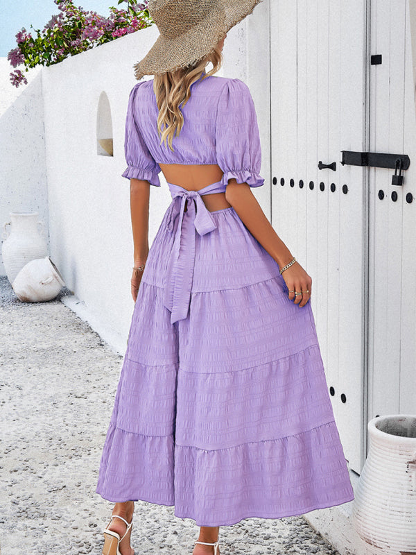 Backless V-Neck Waist Dress – Woven Midi with Subtle Stretch, Spring-Summer