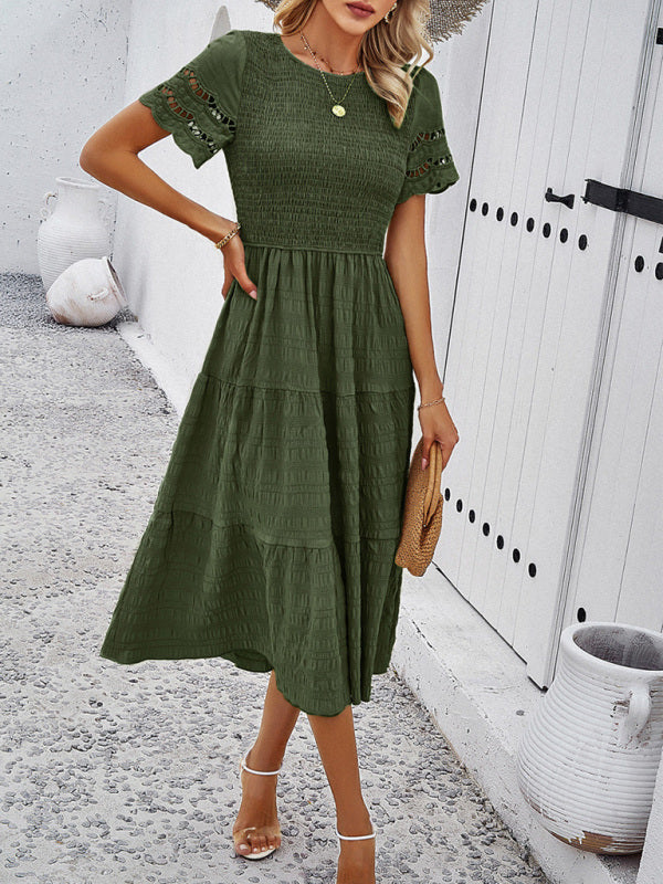 Elegant Hollow Midi Dress – Solid Color Chic for Spring & Summer