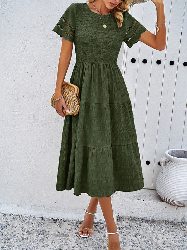 Elegant Hollow Midi Dress – Solid Color Chic for Spring & Summer