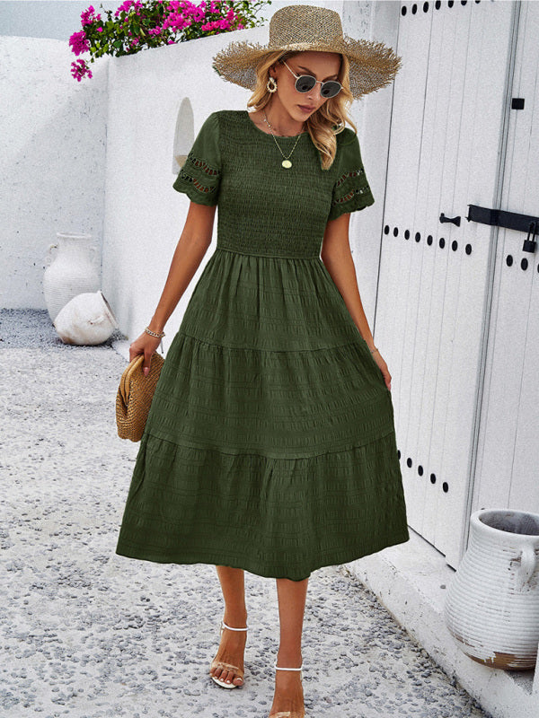 Elegant Hollow Midi Dress – Solid Color Chic for Spring & Summer