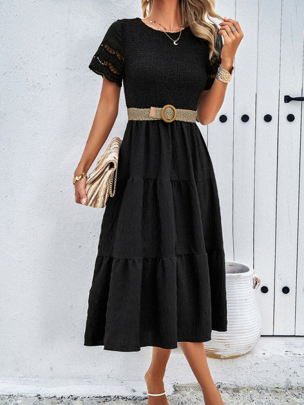Elegant Hollow Midi Dress – Solid Color Chic for Spring & Summer