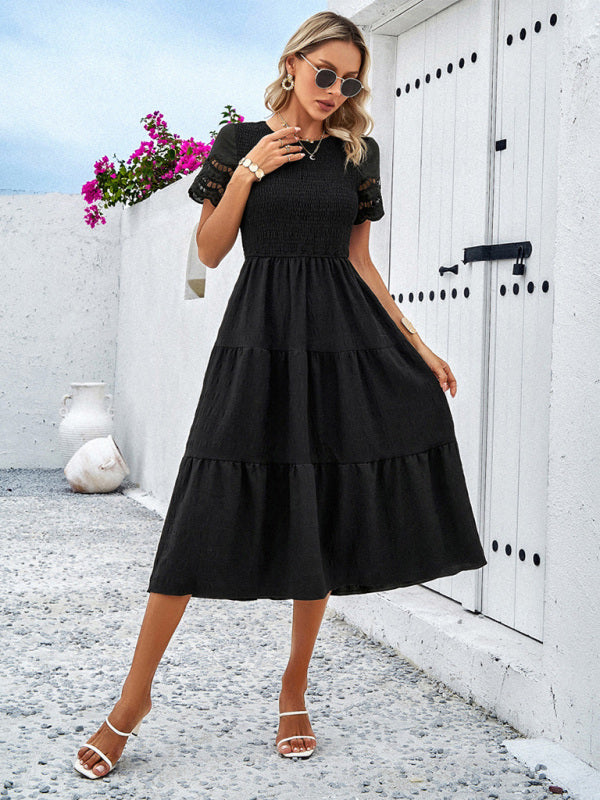 Elegant Hollow Midi Dress – Solid Color Chic for Spring & Summer
