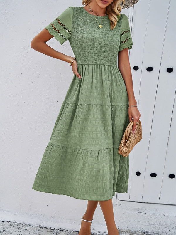 Elegant Hollow Midi Dress – Solid Color Chic for Spring & Summer