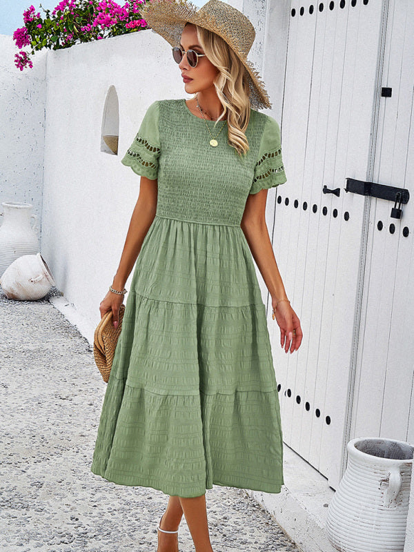Elegant Hollow Midi Dress – Solid Color Chic for Spring & Summer