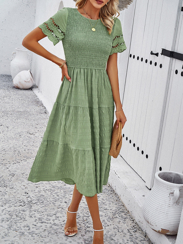 Elegant Hollow Midi Dress – Solid Color Chic for Spring & Summer