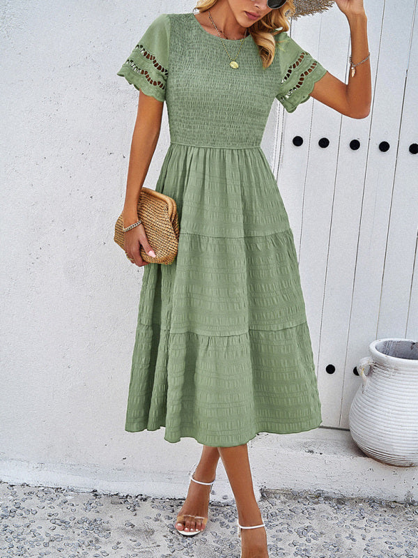 Elegant Hollow Midi Dress – Solid Color Chic for Spring & Summer