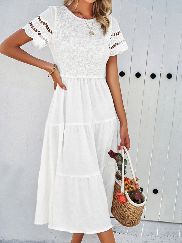 Elegant Hollow Midi Dress – Solid Color Chic for Spring & Summer