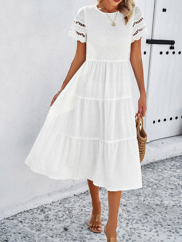 Elegant Hollow Midi Dress – Solid Color Chic for Spring & Summer