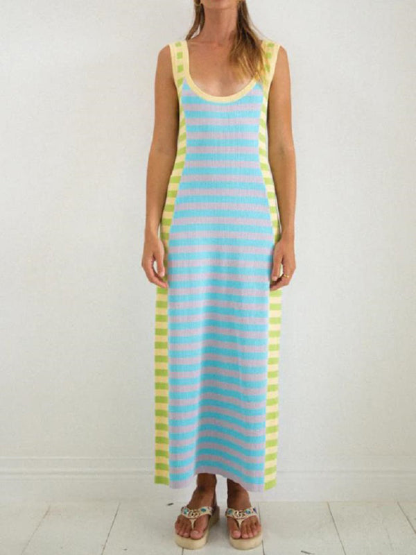 Colorblock Knit Maxi Dress – U-Neck, Sleeveless & Open Back