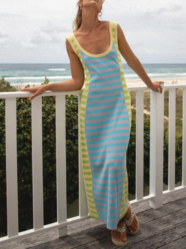 Colorblock Knit Maxi Dress – U-Neck, Sleeveless & Open Back