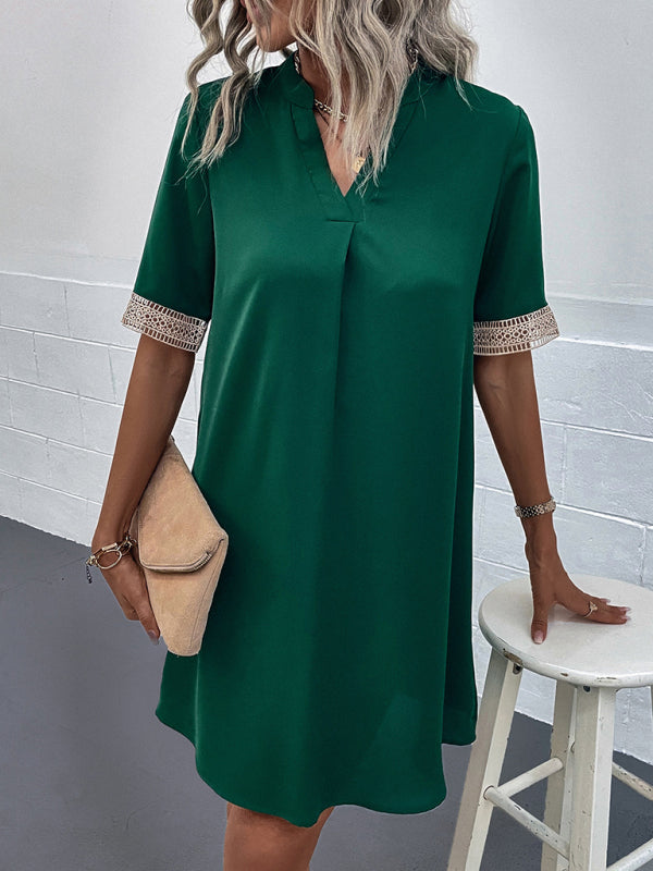 Elegant V-Neck Short Sleeve Dress – Lightweight Woven Grace Style