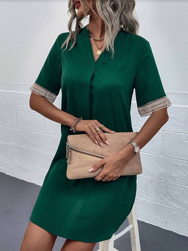 Elegant V-Neck Short Sleeve Dress – Lightweight Woven Grace Style