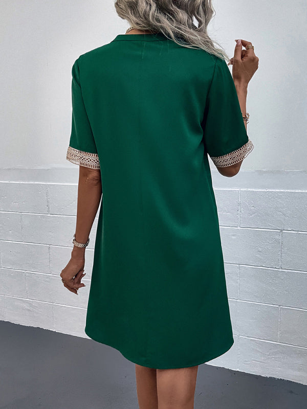 Elegant V-Neck Short Sleeve Dress – Lightweight Woven Grace Style
