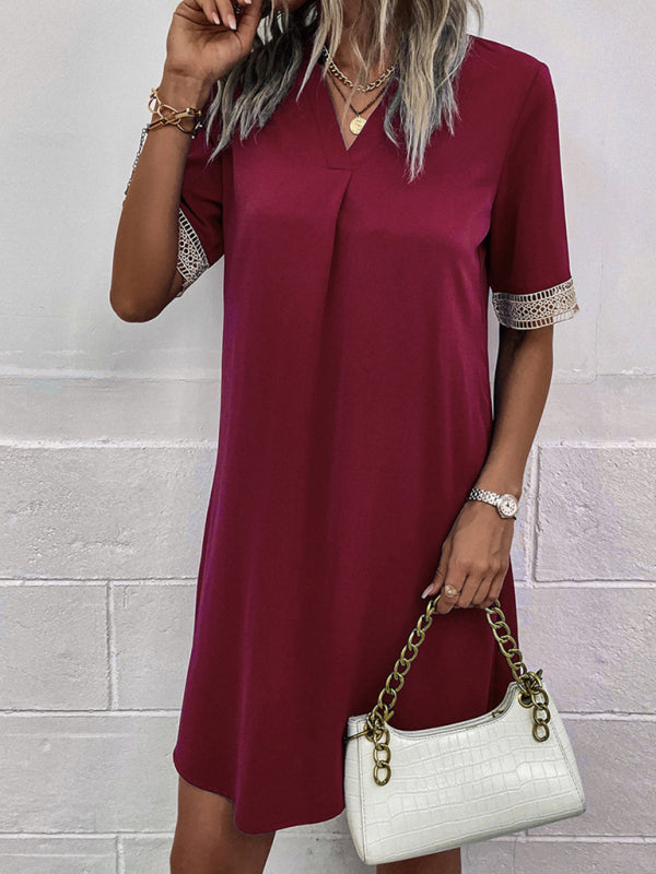 Elegant V-Neck Short Sleeve Dress – Lightweight Woven Grace Style