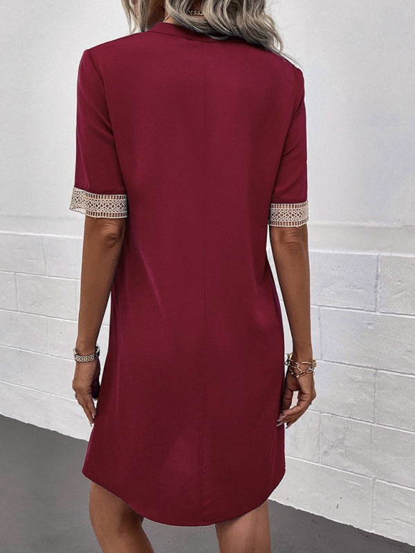 Elegant V-Neck Short Sleeve Dress – Lightweight Woven Grace Style