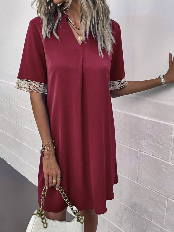 Elegant V-Neck Short Sleeve Dress – Lightweight Woven Grace Style
